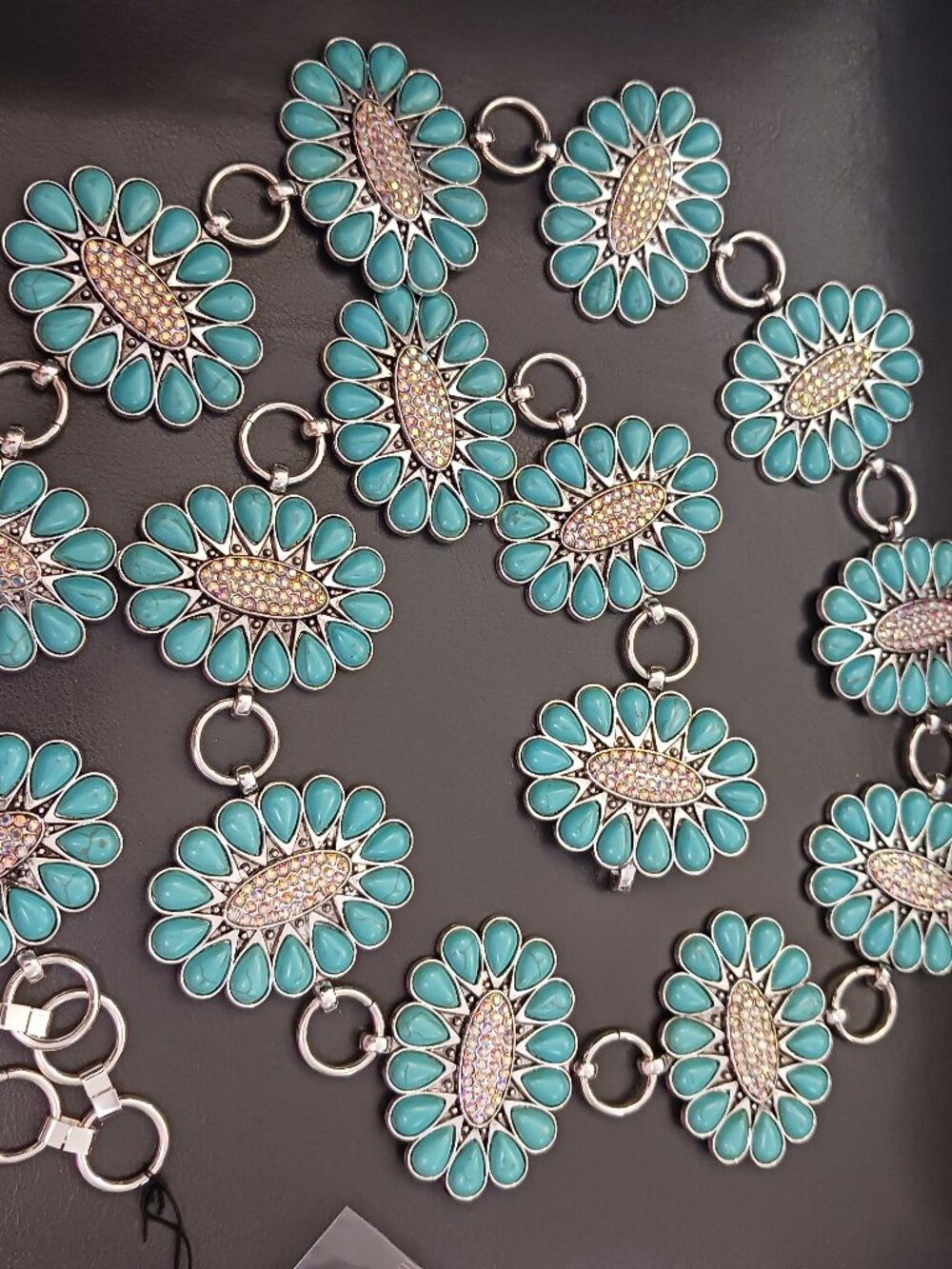 Concho Belt Turquoise Colored Stone with Crystal Stone Center